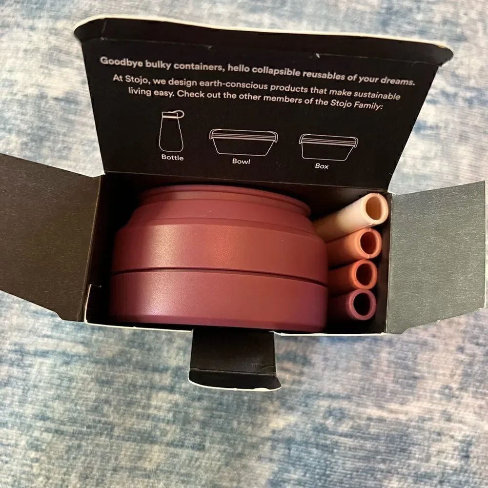 NIB! Stojo 12 oz Collapsible Cup with 4 Reusable Straws in Plum Mauve